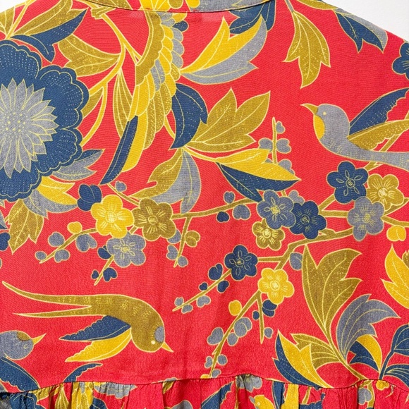 Sezane Floral Blouse Size Small Size 36 Oversized Peplum Tie Up Red Florsl Birds - Picture 9 of 13